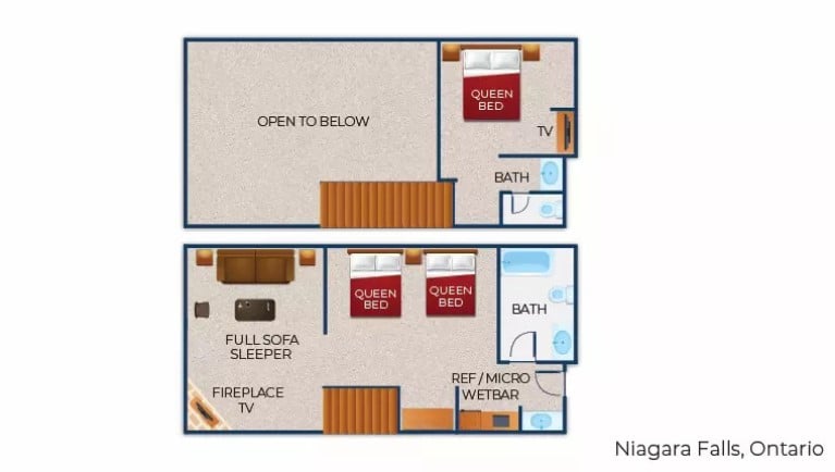 The floorplan for the Loft Fireplace Suite